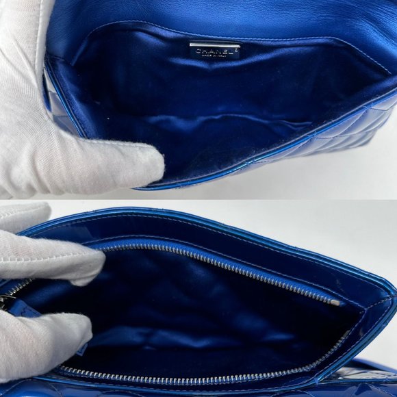 CHANEL 2014 Runway Electric Blue Patent Leather Quilted Bag Metal Handle Rectang - Picture 10 of 13